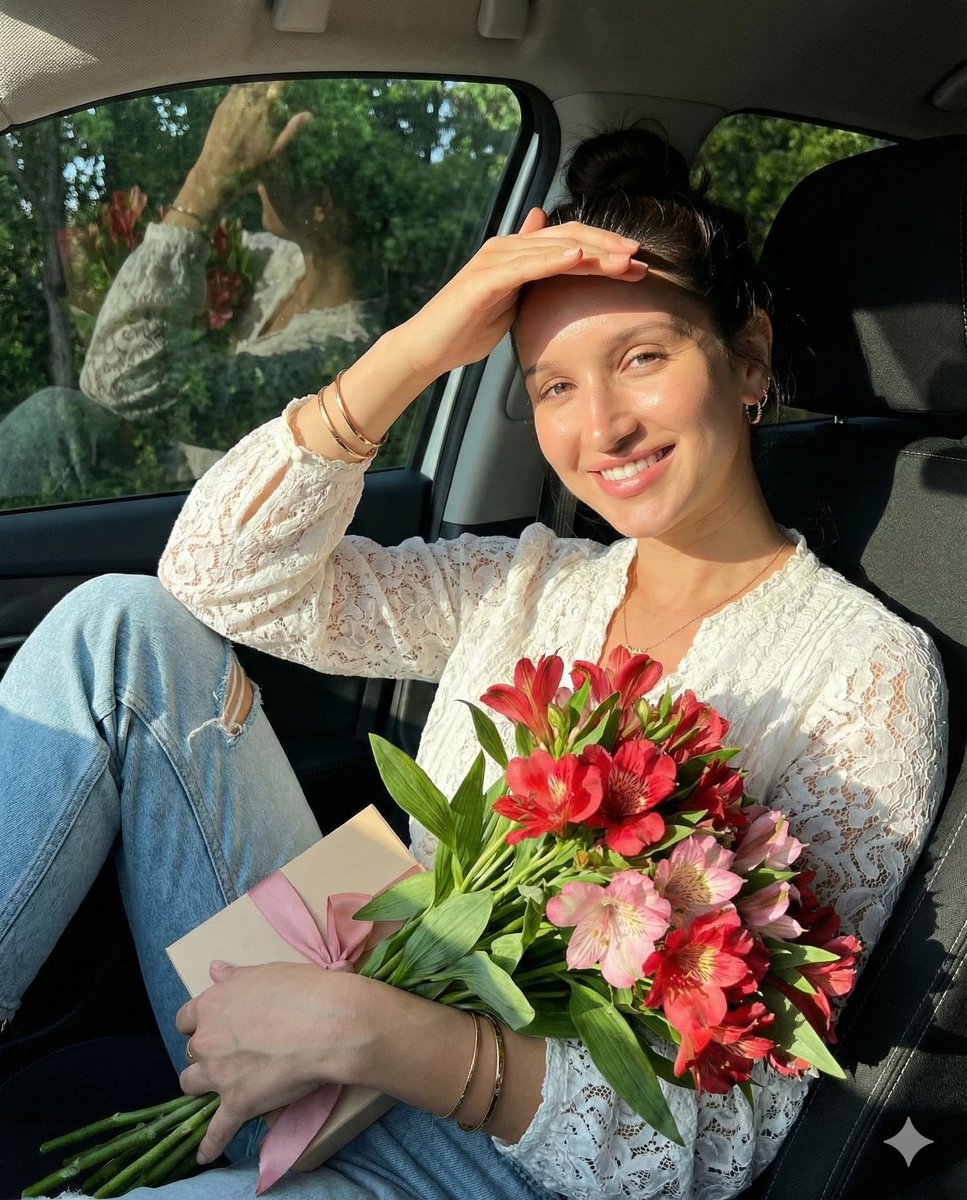 AI Prompt for High-Contrast Social Media Portrait of Woman in Car During Golden Hour