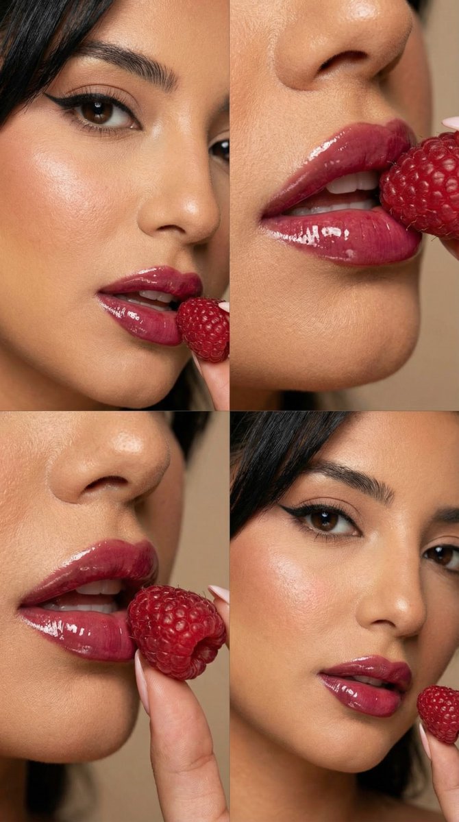 AI Prompt for High-End Beauty Editorial Macro Grid with Raspberries and Glossy Lips