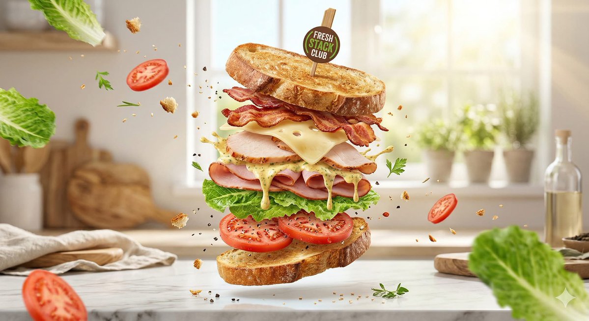 AI Prompt for High-End Commercial Product Photography of Sandwiches in Exploded Tilt View