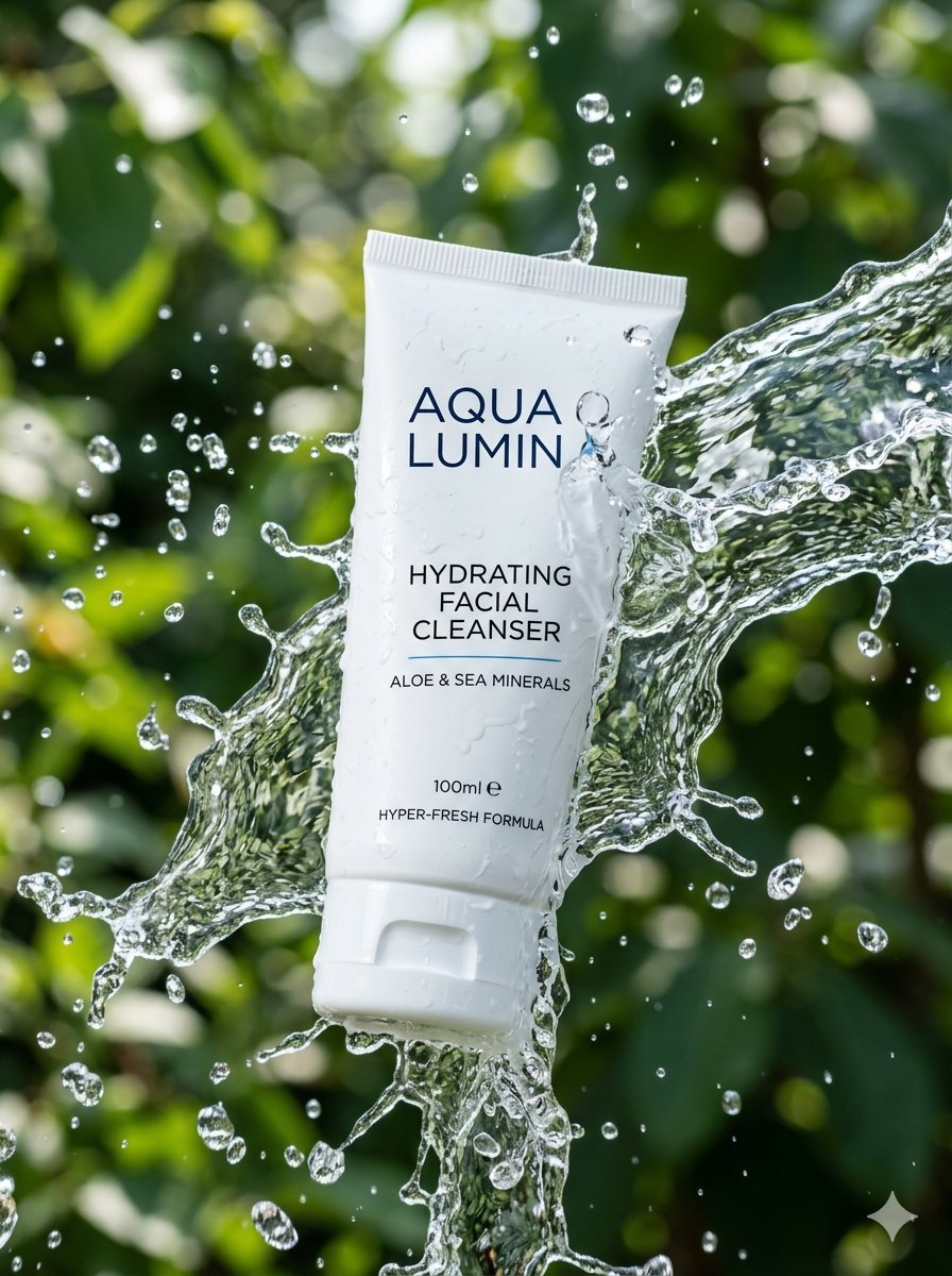 AI Prompt for High-End Cosmetic Product Photography with Water Splashes and Cinematic Lighting