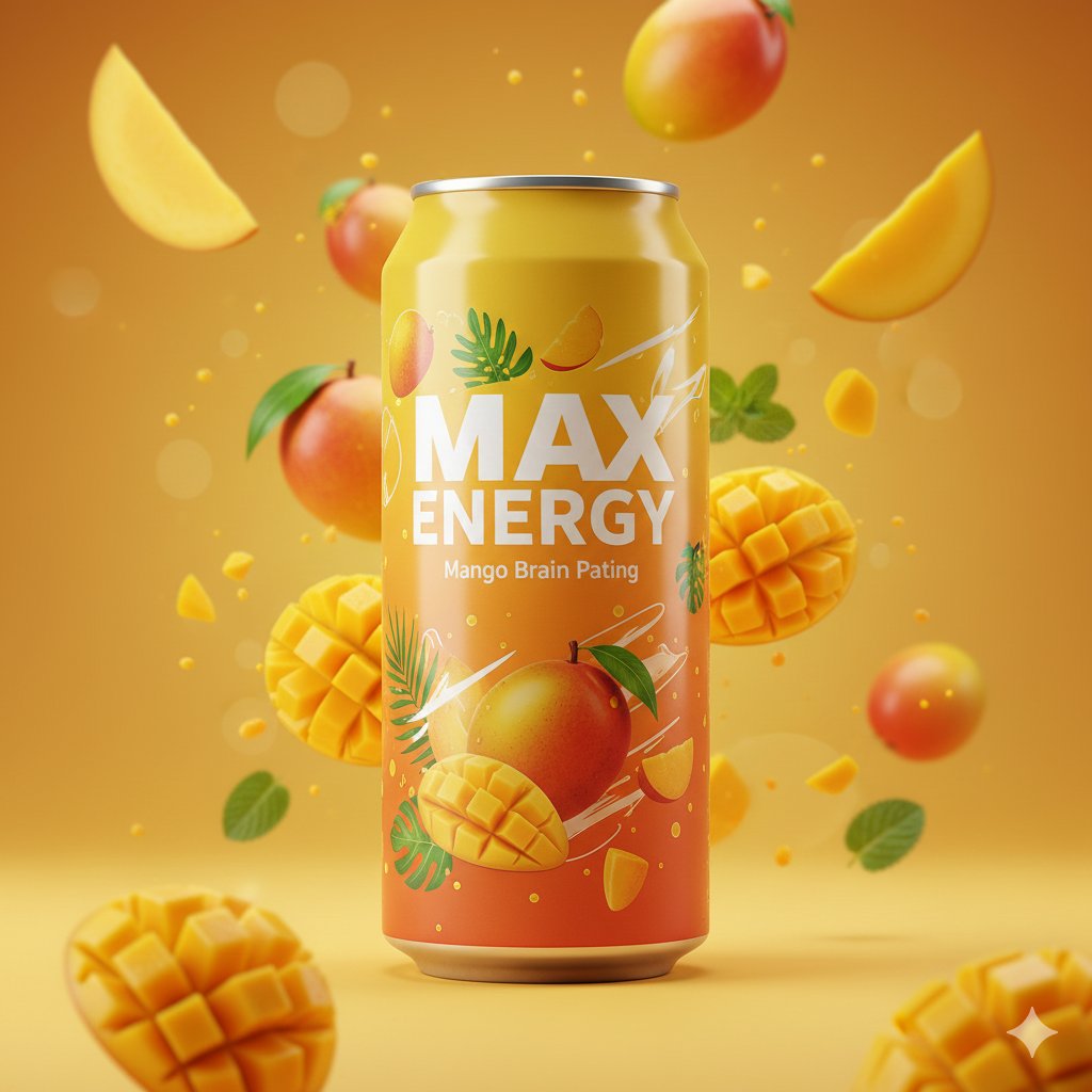 AI Prompt for High-End Food Product Photo: Tropical Mango Energy Drink & Fruit