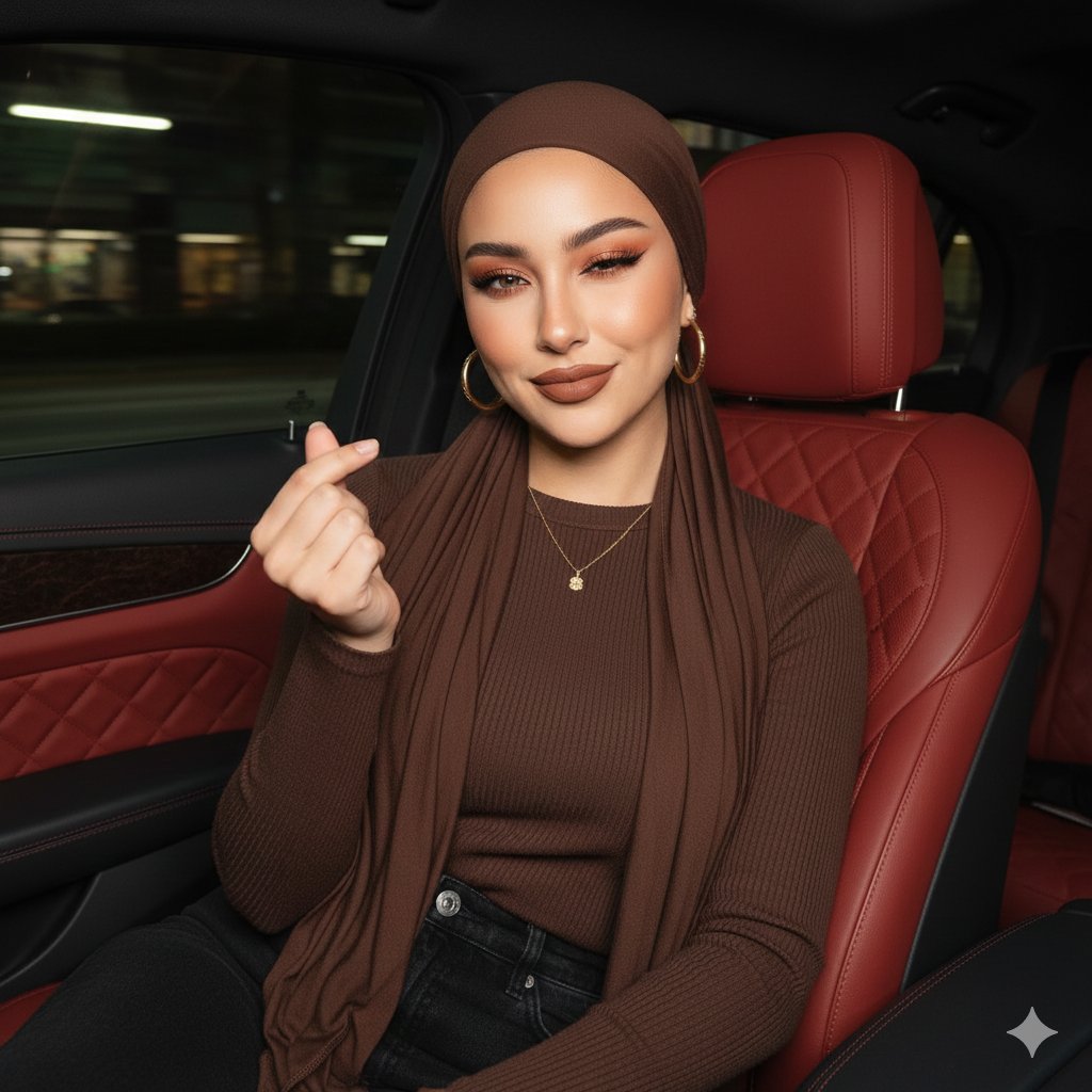 AI Prompt for High-End Luxury Car Portrait with Hijab and Heart Gesture