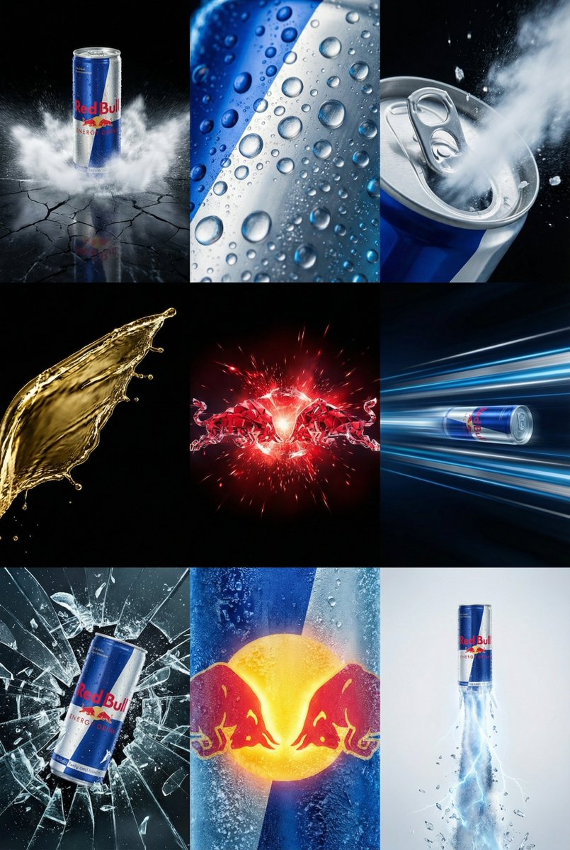 AI Prompt for High-End Red Bull Commercial 3D Collage