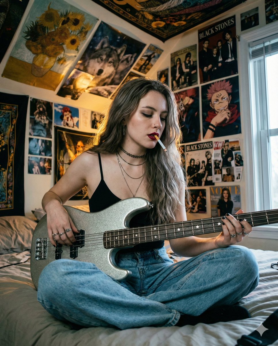AI Prompt for High-Quality Grunge Bedroom Bass Player Portrait