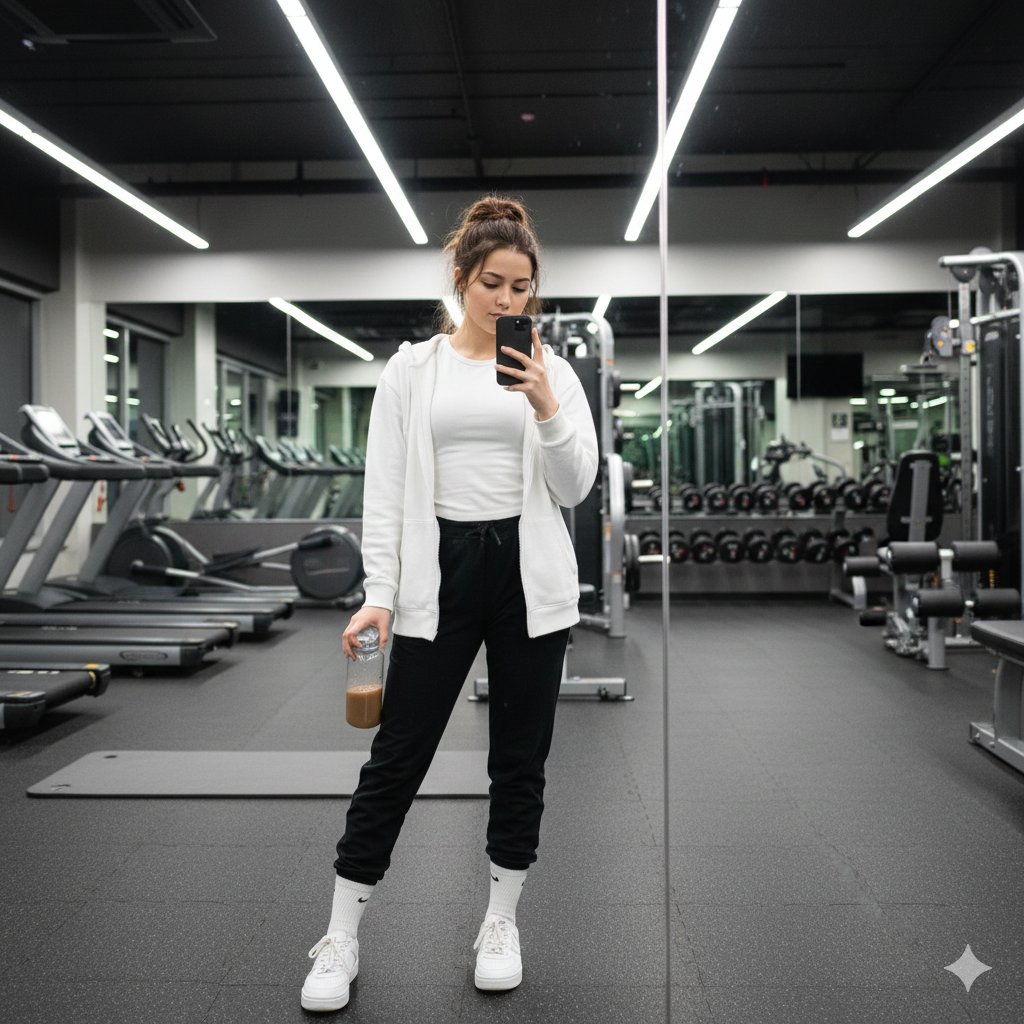 AI Prompt for High-Quality Mirror Selfie of Young Woman in Gym