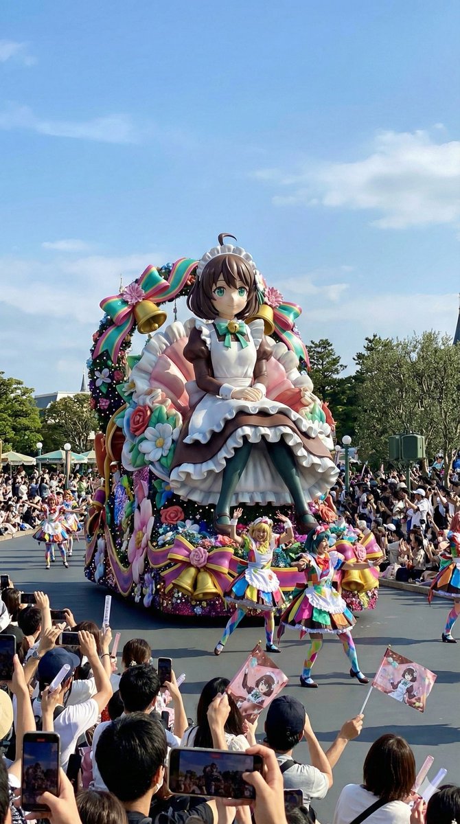 AI Prompt for High-Quality Theme Park Parade Float Images with Realistic Crowd and Colorful Graphics