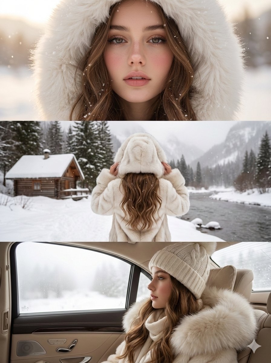 AI Prompt for High-Quality Vertical Collage of Young Woman in Luxury Winter Style
