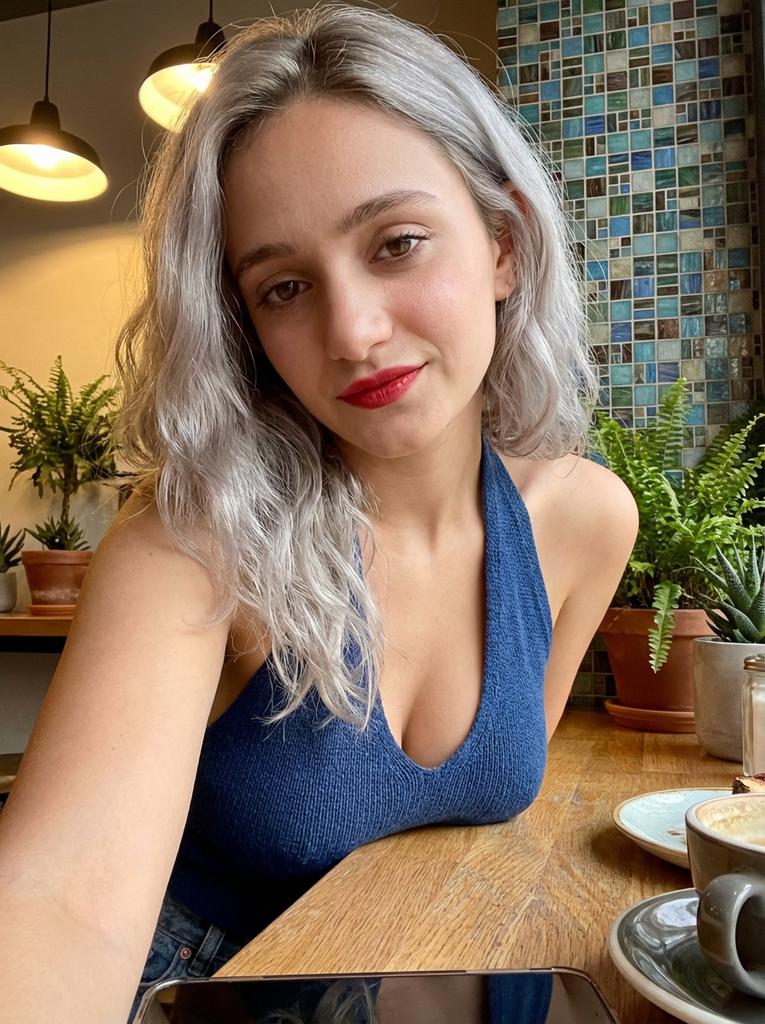 AI Prompt for High-Res, Low-Angle Café Selfie - Realistic Facial Details and Soft Lighting