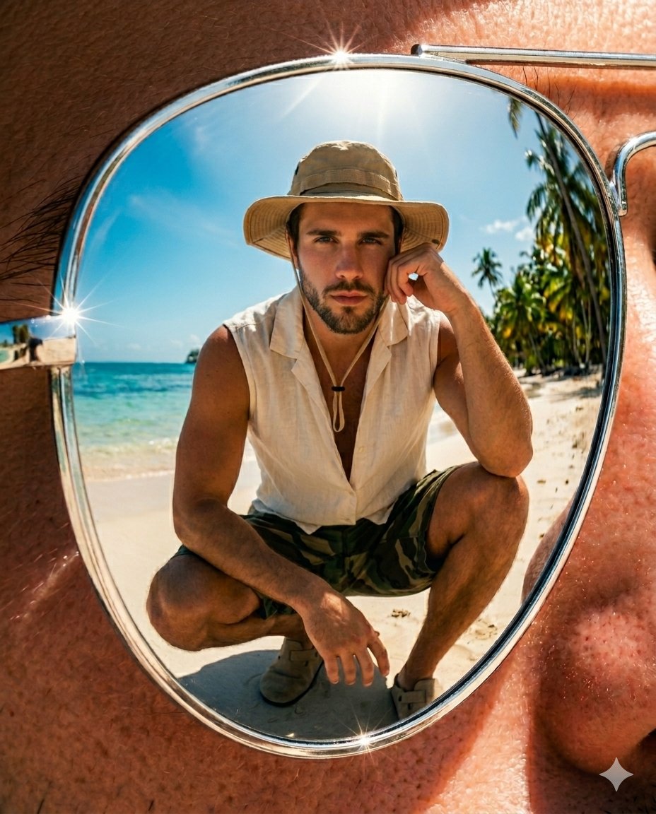 AI Prompt for High-Resolution Macro Photography of Beach Scene in Sunglasses