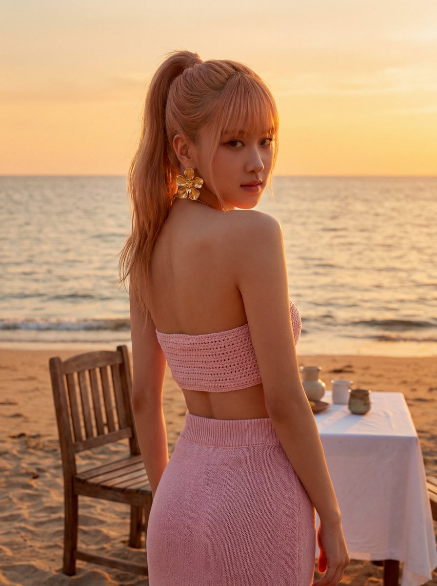 AI Prompt for High-Resolution Portrait of Rosé at Sunset Beach with Cinematic Style