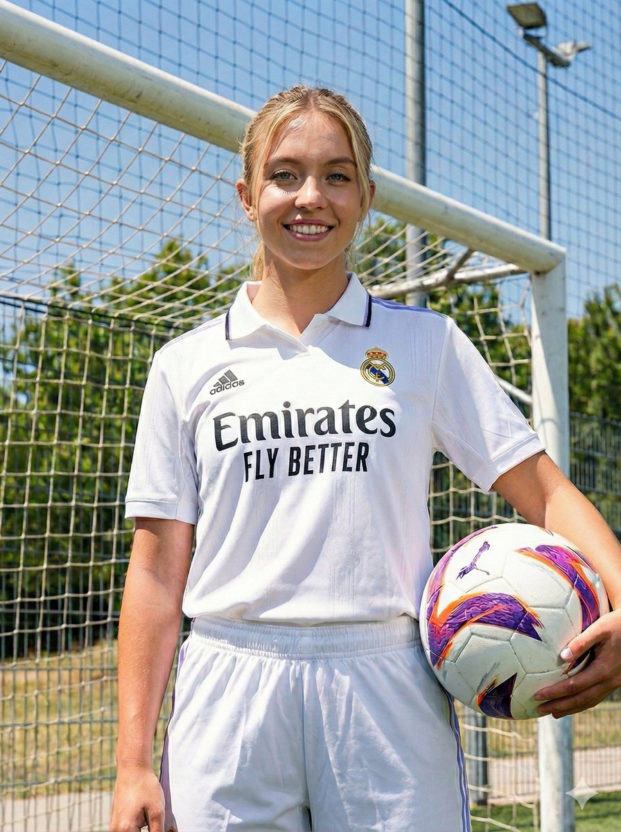 AI Prompt for High-Resolution Sydney Sweeney Lookalike Portrait in Real Madrid Soccer Kit