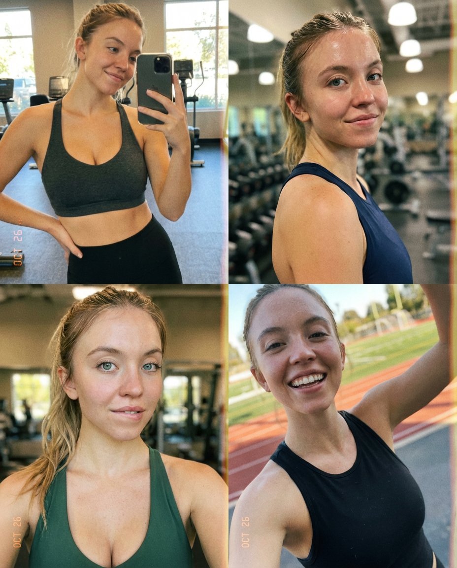 AI Prompt for High-Resolution Sydney Sweeney Sports Selfie Collage