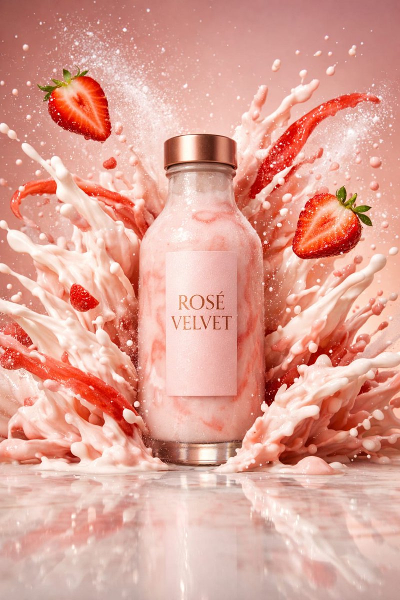 AI Prompt for High-Speed Commercial Photography of Luxury Strawberry Shake Bottles