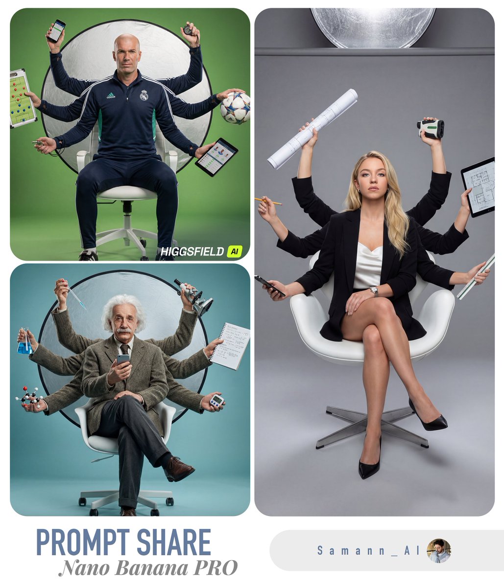 AI Prompt for Hyper-Real Multi-Arm Studio Portraits with Professionally Relevant Props