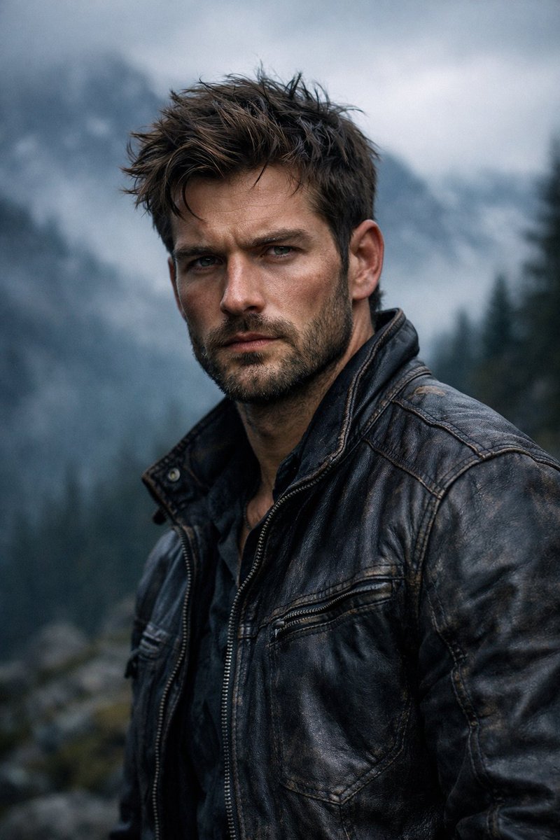 AI Prompt for Hyper-Realistic Cinematic Portrait Photography: Rugged Man in Worn Leather Jacket