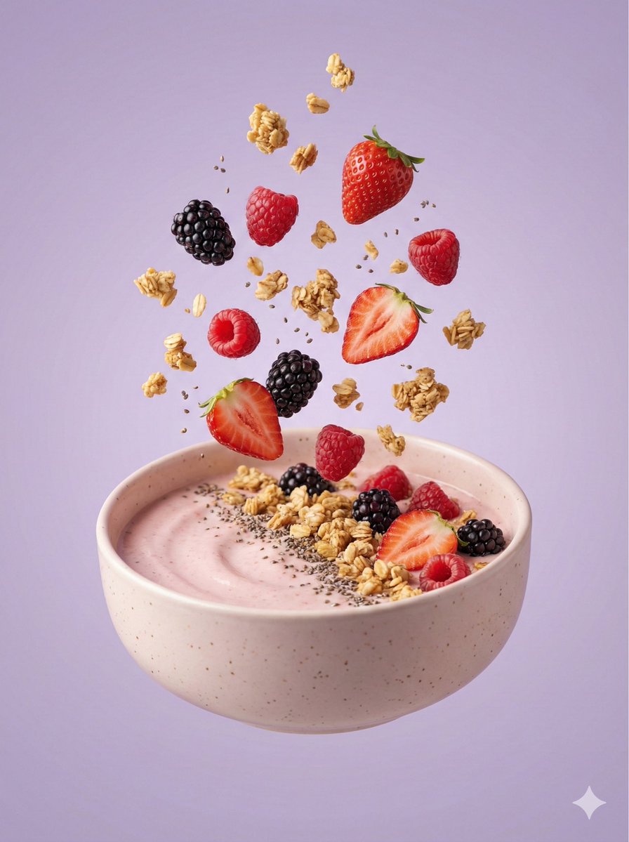 AI Prompt for Hyper-Realistic Food Photography - Suspended Smoothie Bowl on Lavender Background