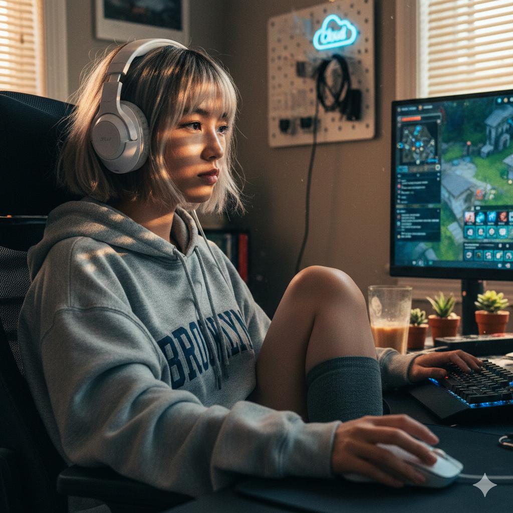 AI Prompt for Hyper-Realistic Gaming Setup Portrait with Golden Hour Lighting