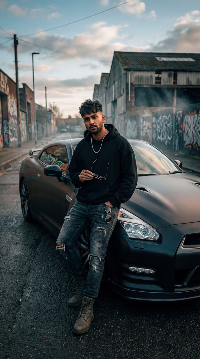 AI Prompt for Hyper-Realistic Grunge Street Photography Portrait with a Sports Car