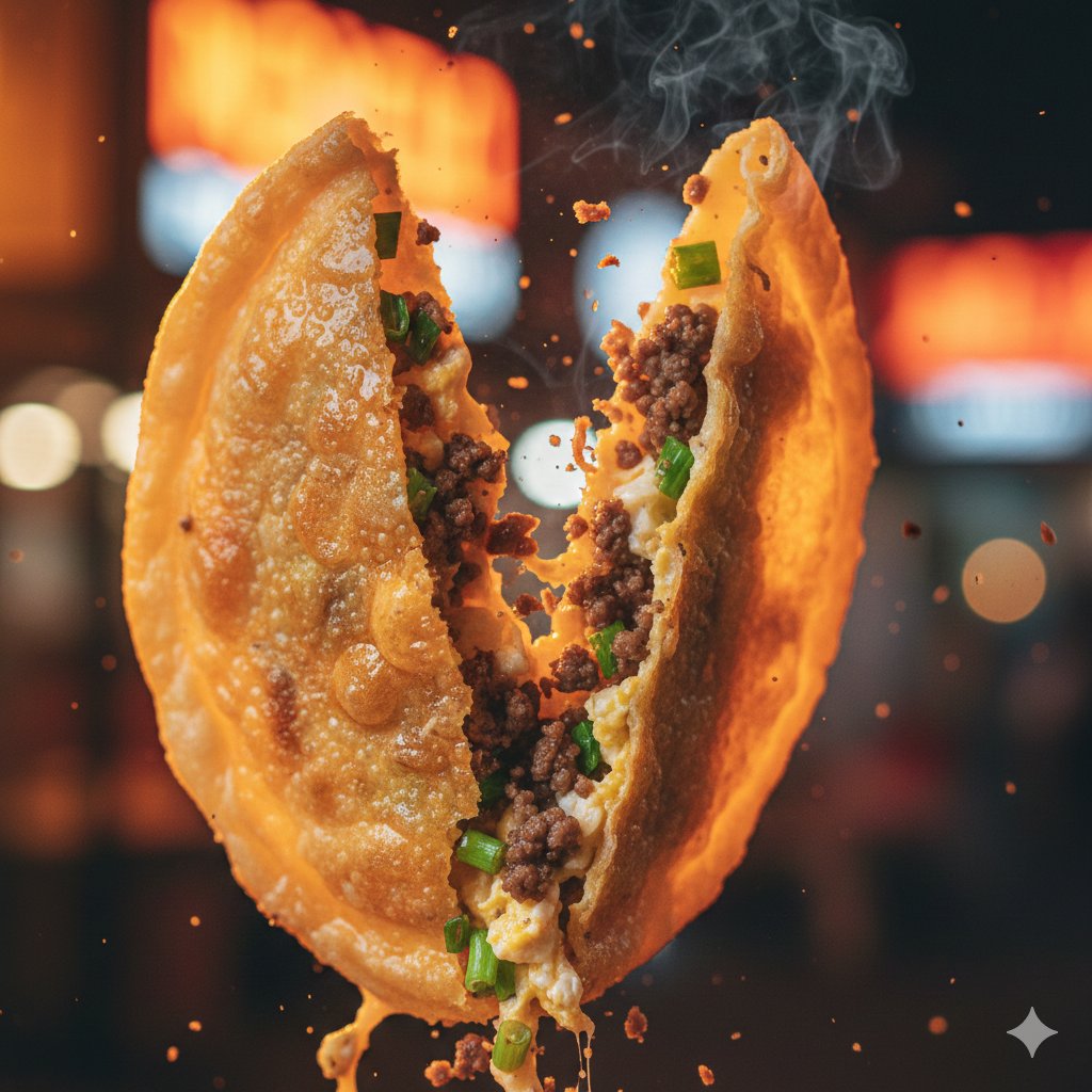 AI Prompt for Hyper-Realistic Macro Food Photography with Martabak Telur Tearing Effect