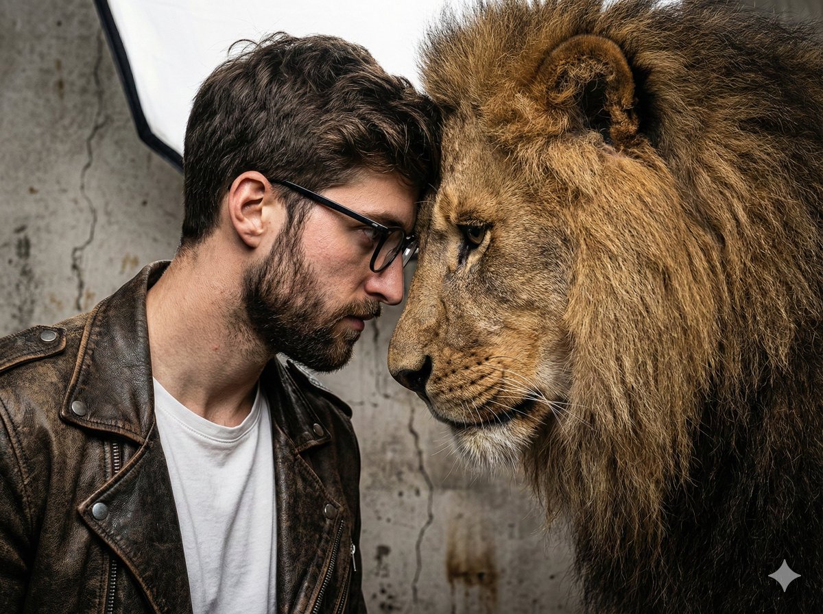 AI Prompt for Hyper-Realistic Man and Lion Portrait, Preserving Facial Features
