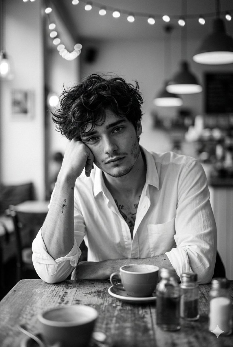 AI Prompt for Hyper-Realistic Monochrome Portrait of Young Man in Café