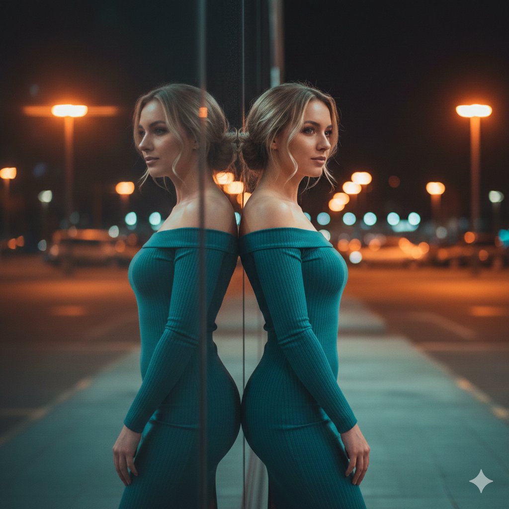 AI Prompt for Hyper-Realistic Neon-Lit Mirror Reflection Portrait