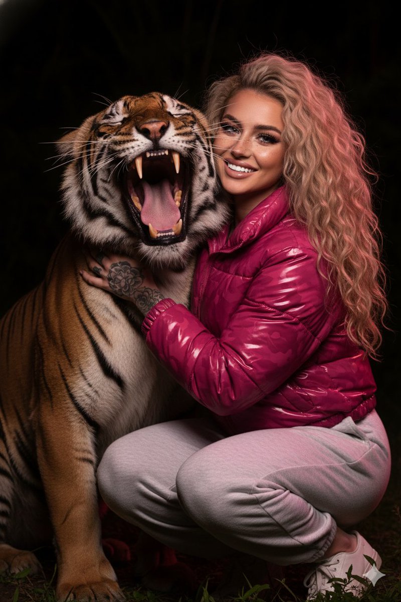 AI Prompt for Hyper-Realistic Nighttime Portrait with Tattooed Woman and Bengal Tiger
