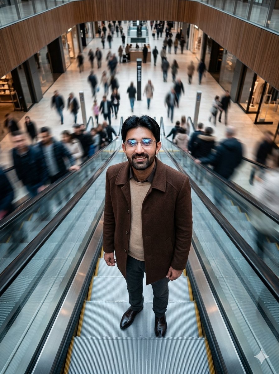 AI Prompt for Hyper Realistic Overhead Escalator Mall Portrait with Blur