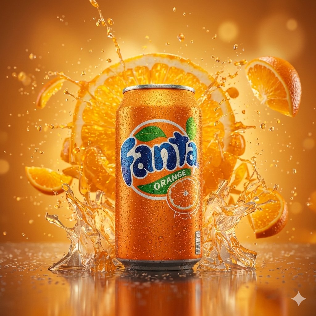 AI Prompt for Hyper-Realistic Product Photo of Fanta Orange Can with Exploding Orange Slices