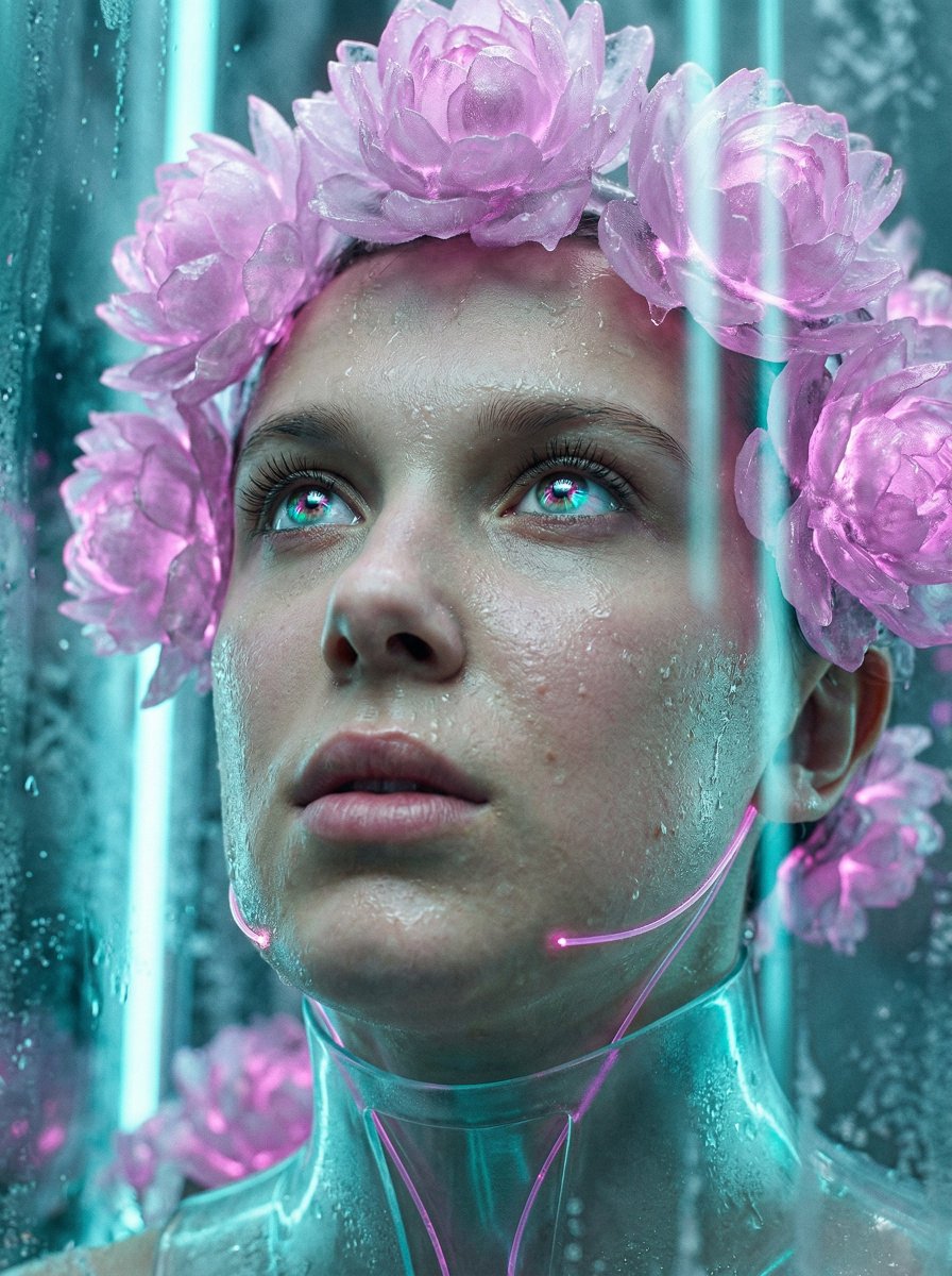 AI Prompt for Hyper-Realistic Sci-Fi Portrait with Cryogenic Floral Background