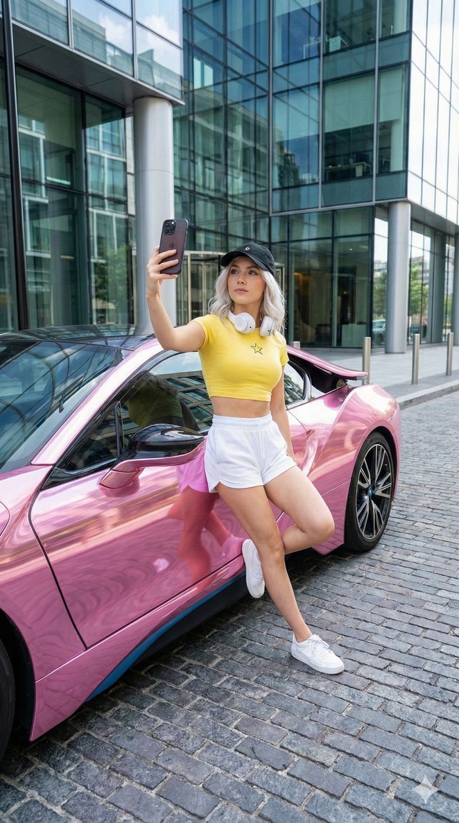 AI Prompt for Hyper-Realistic Selfie Next to Pink BMW i8