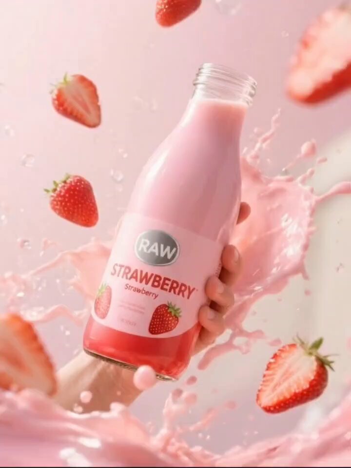 AI Prompt for Hyper-Realistic Strawberry Milk Beverage Ad