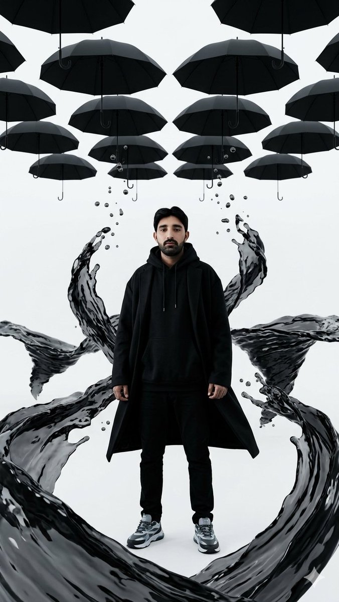 AI Prompt for Hyper-Realistic Surreal Portrait with Umbrellas and Water