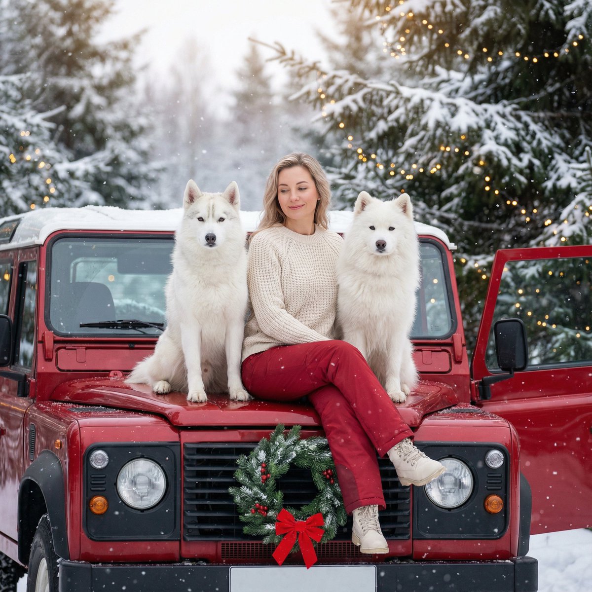 AI Prompt for Hyper-Realistic Winter Christmas Scene with Huskies
