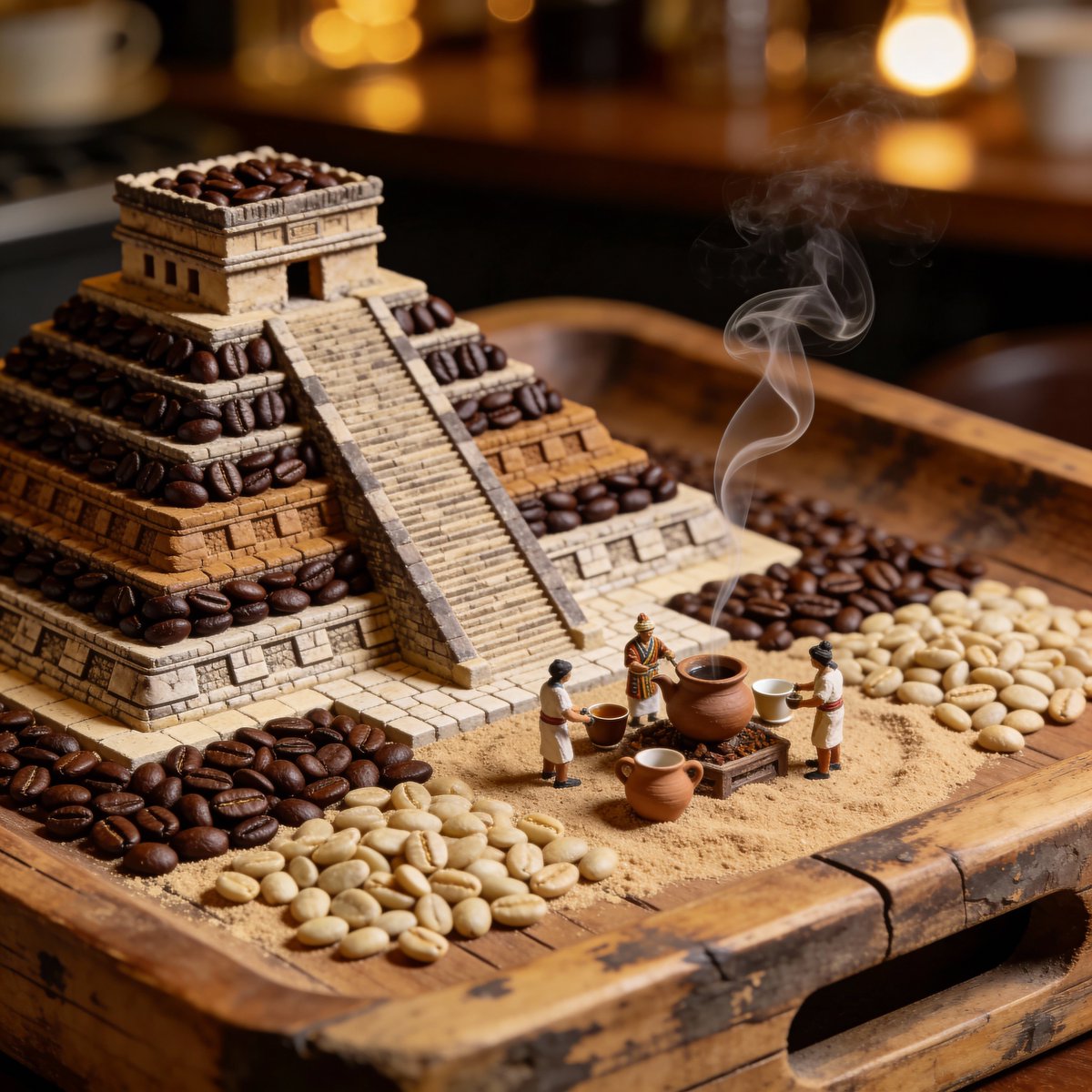 AI Prompt for Hyperrealistic Coffee Bean Architecture - Generate Dreamy Mayan Pyramid Scene