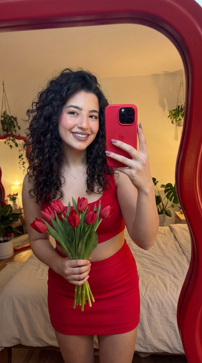AI Prompt for Identity-Locked Portrait: Young Woman with Coquette Smile and Red Tulip Bouquet
