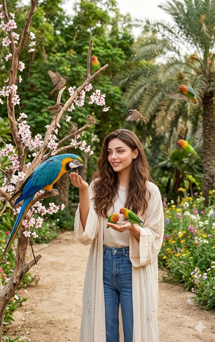 AI Prompt for Indian-Inspired Portrait of Woman with Macaw in Lush Nature Scene