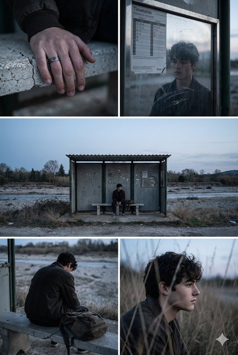 AI Prompt for Indie Film Aesthetic Narrative Grid with Abandoned Bus Stop Scene
