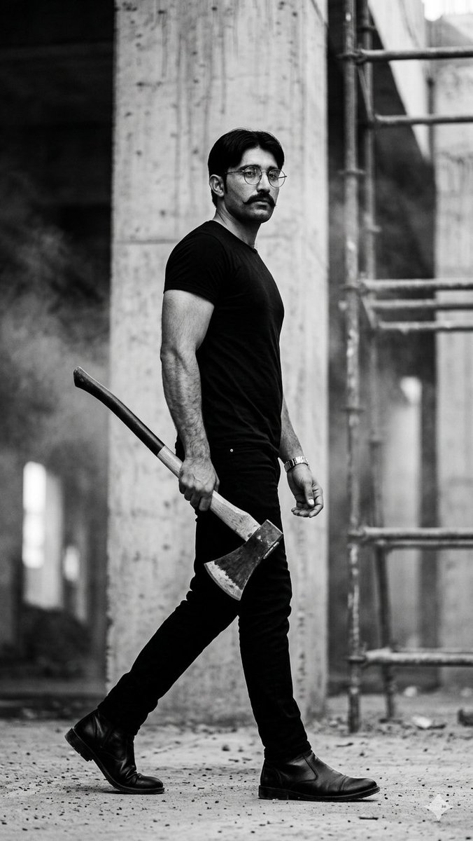 AI Prompt for Industrial Photography: Gritty Black-and-White Image of a Muscle Man with an Axe