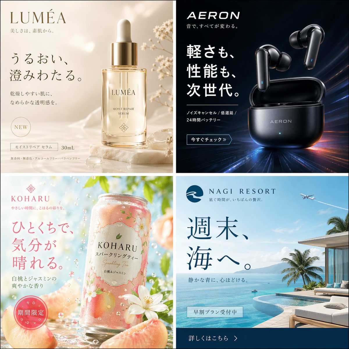 AI Prompt for Japanese Product Visuals - Create realistic ads for skincare, earbuds, sparkling tea, and luxury resort