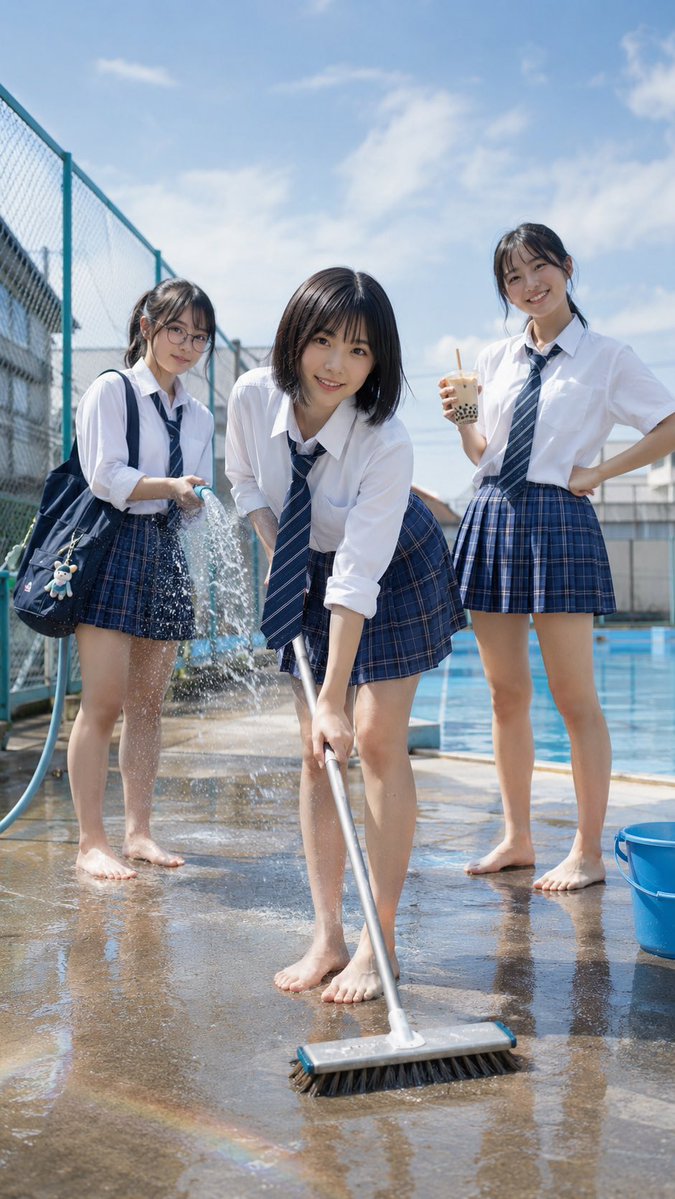 AI Prompt for Japanese Schoolgirls Cleaning Pool Scene
