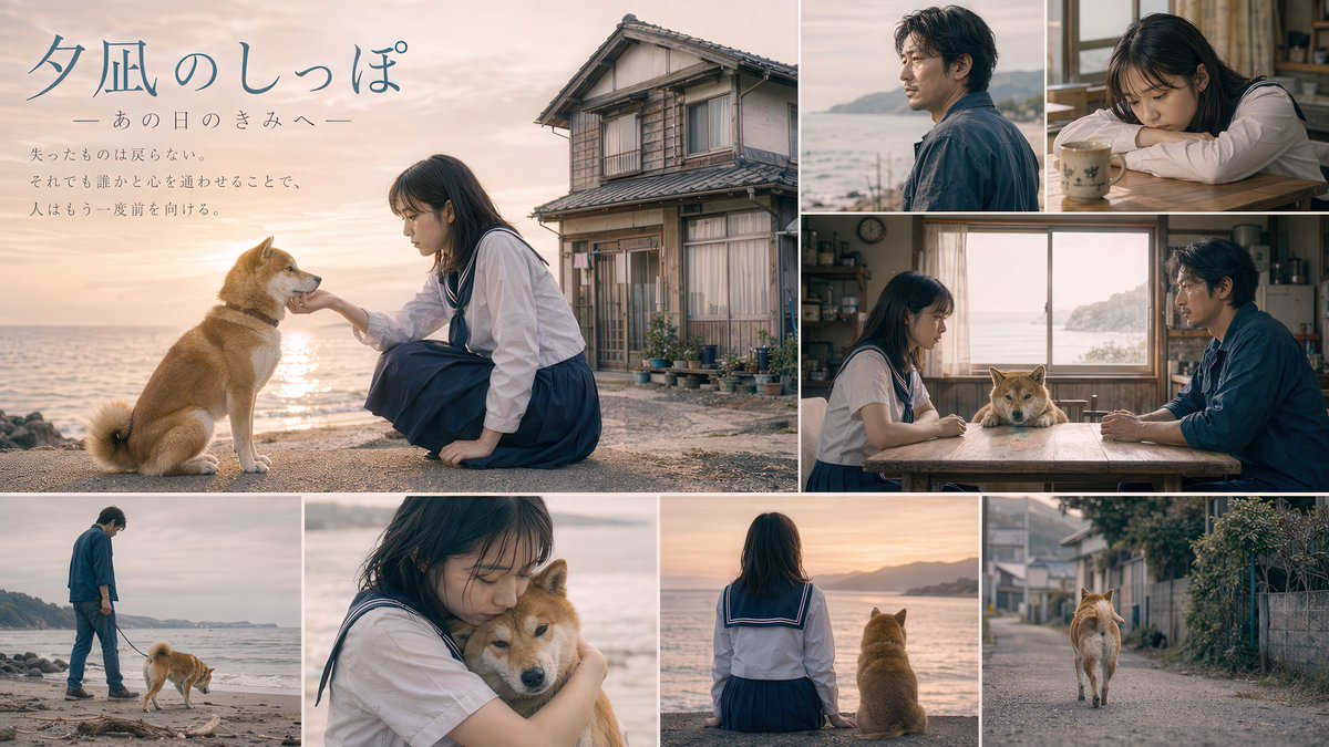 AI Prompt for Japanese-Style Movie Poster with Coastal Scene and Character Collage