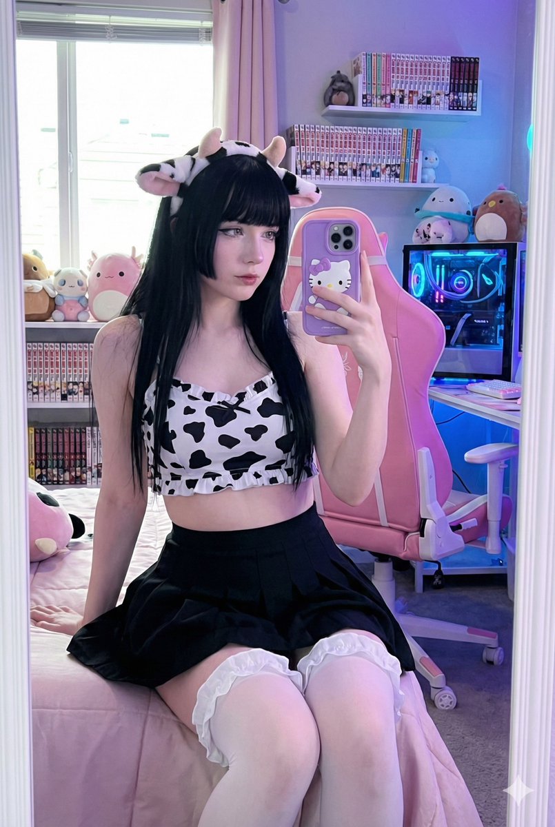 AI Prompt for Kawaii Gamer Cosplay Portrait - Cow Ears and RGB Lighting