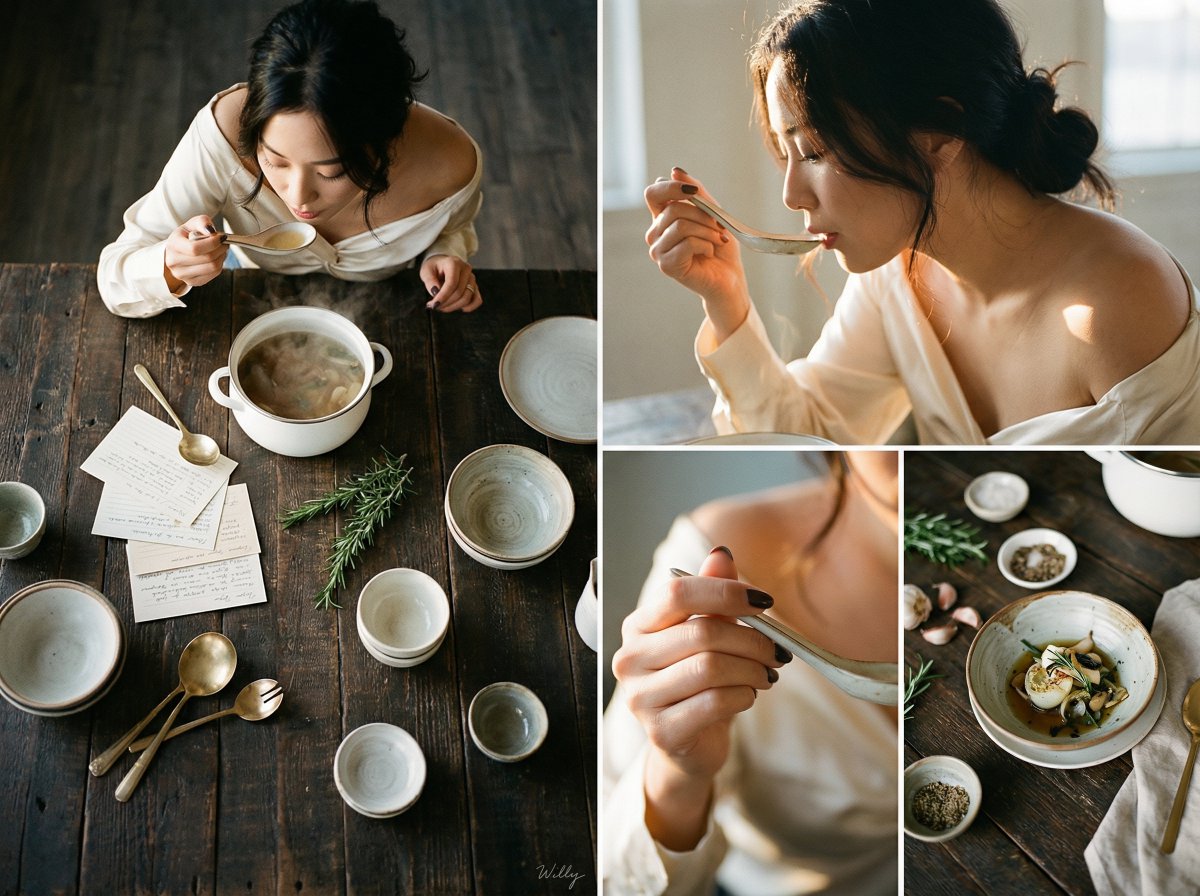 AI Prompt for Korean Beauty Portrait with Food Cinematic Flat Lay