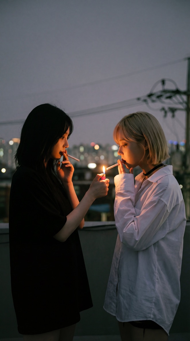 AI Prompt for KPOP Cigarette Lighting Photo with Karina and Winter