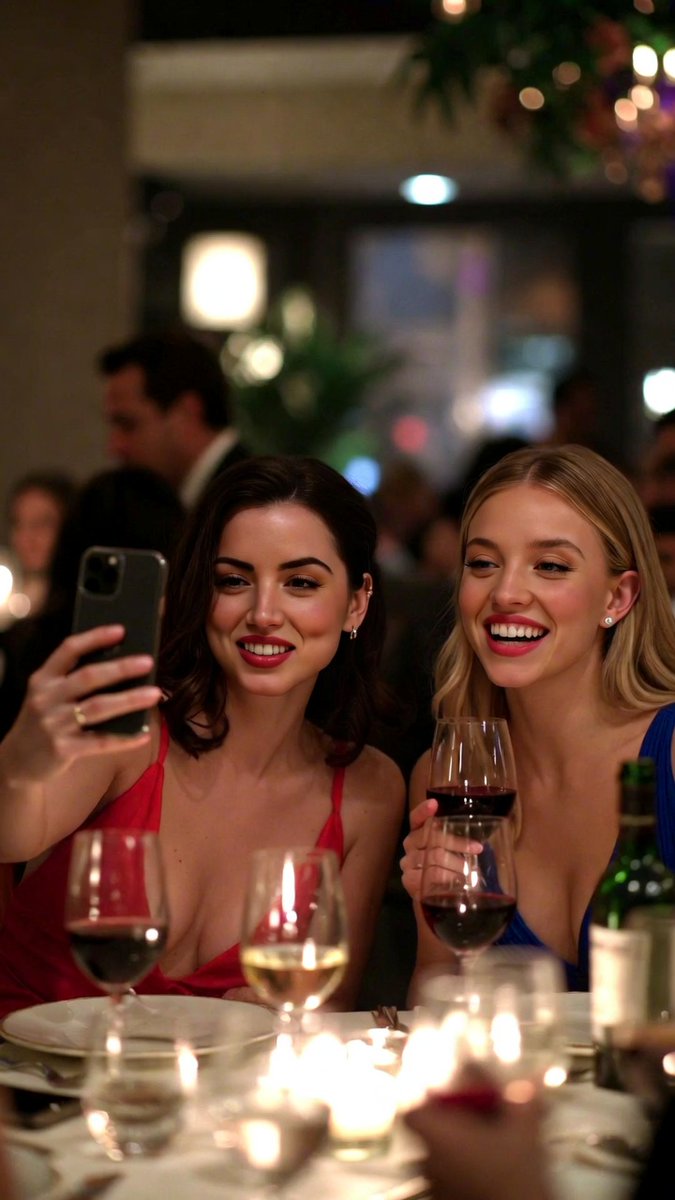 AI Prompt for Low-Quality Smartphone Selfie - Ana de Armas & Sydney Sweeney at Restaurant