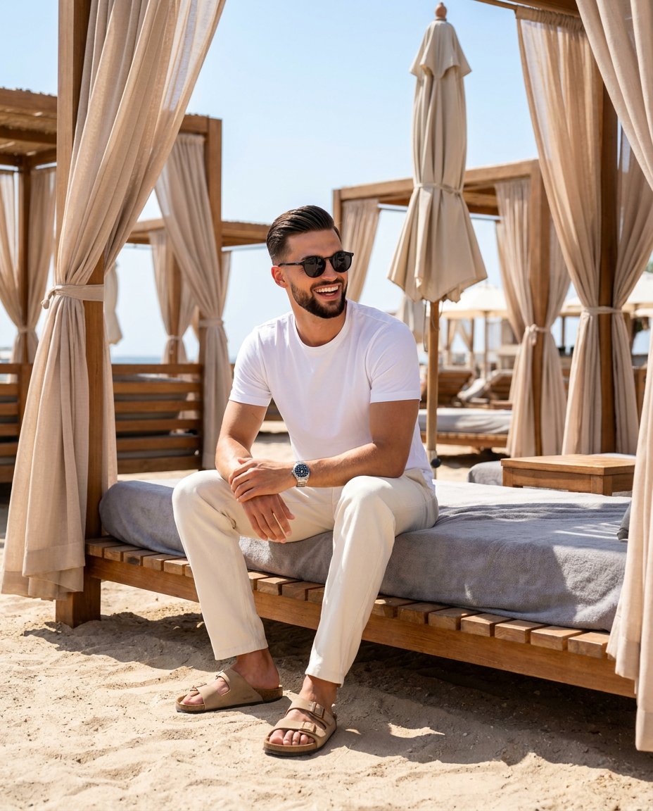 AI Prompt for Luxurious Beach Club Portraits with High Contrast Sunlight