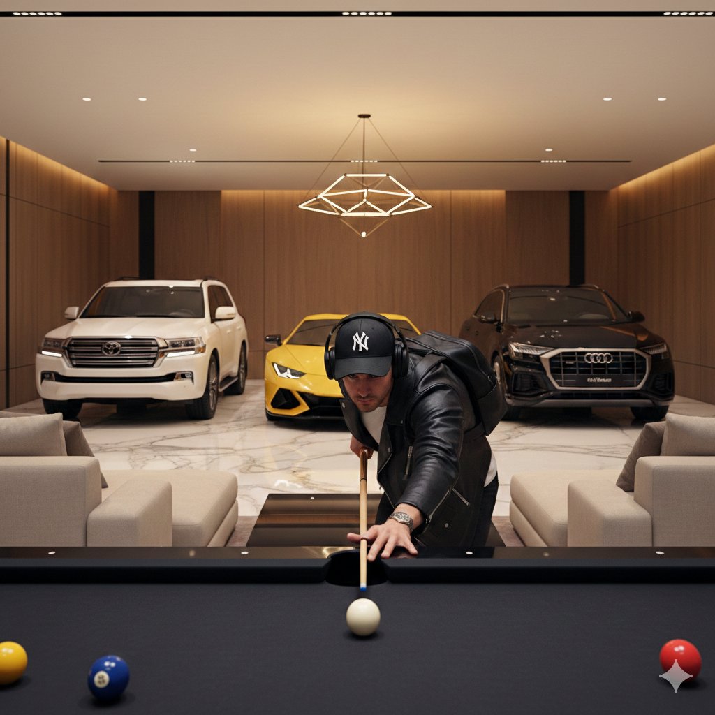 AI Prompt for Luxury Billiards Scene with High-End Cars and Cinematic Lighting