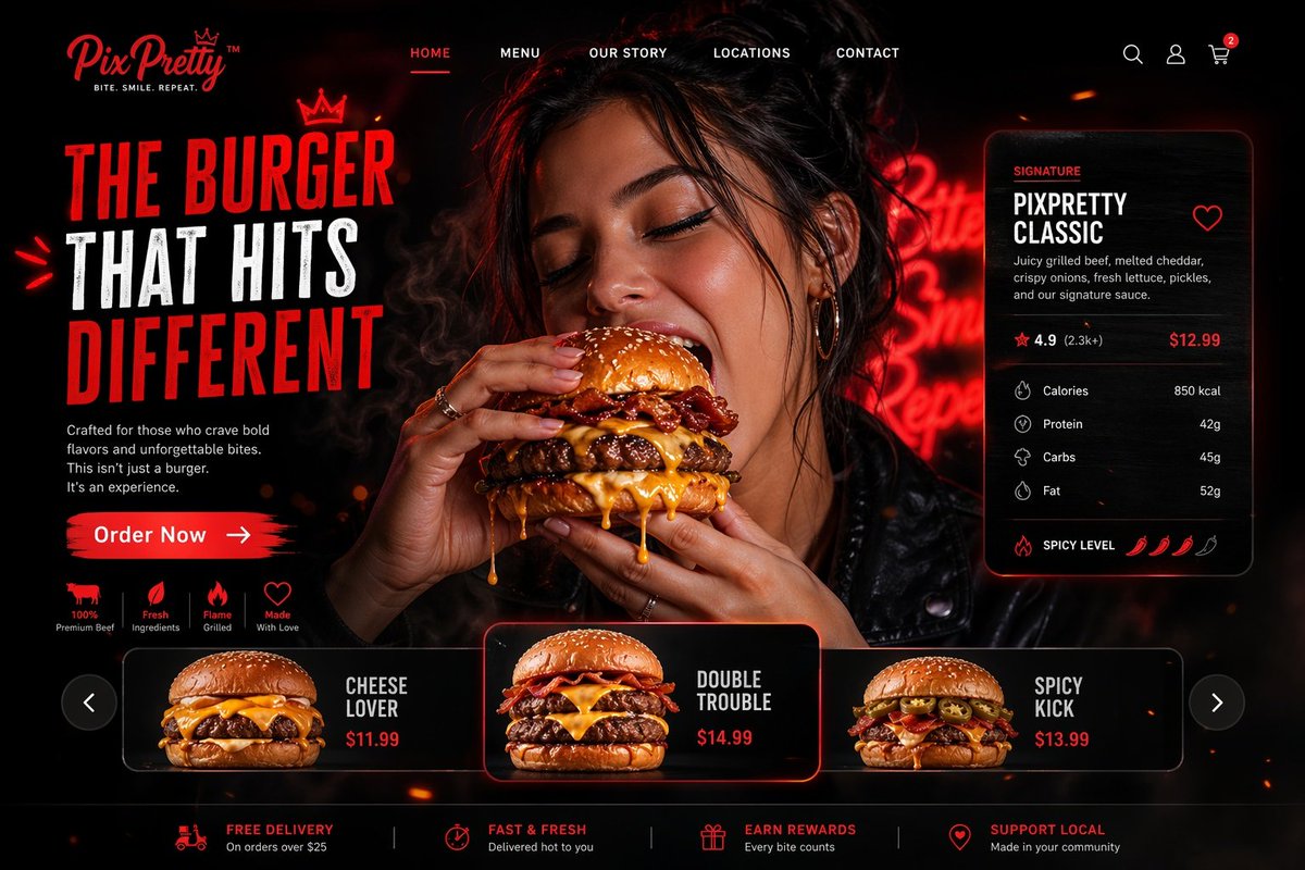 AI Prompt for Luxury Burger Landing Page Design with Dark Mode and Portrait