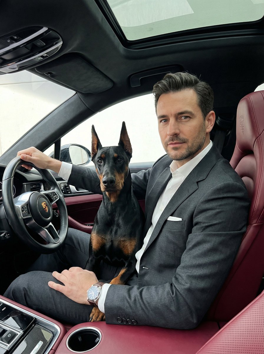 AI Prompt for Luxury Car Portrait with Doberman Companion
